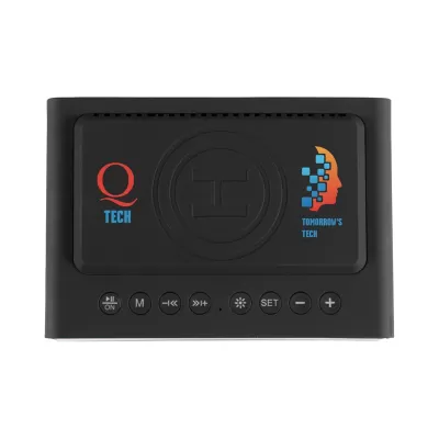 branded Dover Alarm Clock Wireless Charger Speaker, from our range of promotional Phone & Tablet Chargers