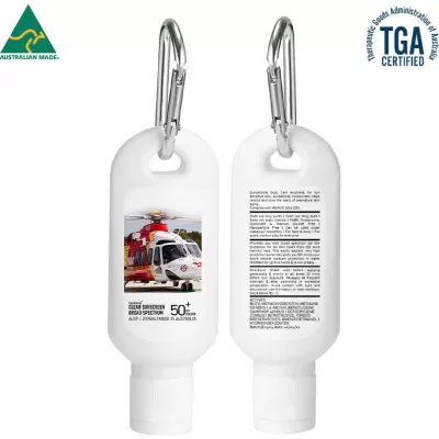 branded 60ml Australian Made Spf50 Sunscreen Lotion With Carabiner, from our range of promotional Sunscreen & Lip Balm