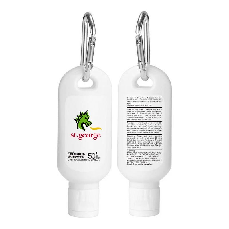 branded 60ml Australian Made Spf50 Sunscreen Lotion With Carabiner, from our range of promotional Sunscreen & Lip Balm