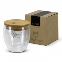 branded NATURA Azzurra Glass Cup - 250ml, from our range of promotional Reusable Coffee Cups - Glass