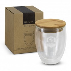 branded NATURA Azzurra Glass Cup - 350ml, from our range of promotional Reusable Coffee Cups - Glass