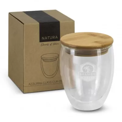 branded NATURA Azzurra Glass Cup - 350ml, from our range of promotional Reusable Coffee Cups - Glass