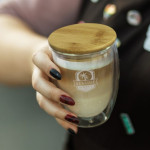 branded NATURA Azzurra Glass Cup - 350ml, from our range of promotional Reusable Coffee Cups - Glass
