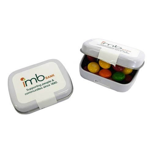 branded 30g Skittles Packed in Small Rectangle Tins, from our range of promotional Lollies & Sweets