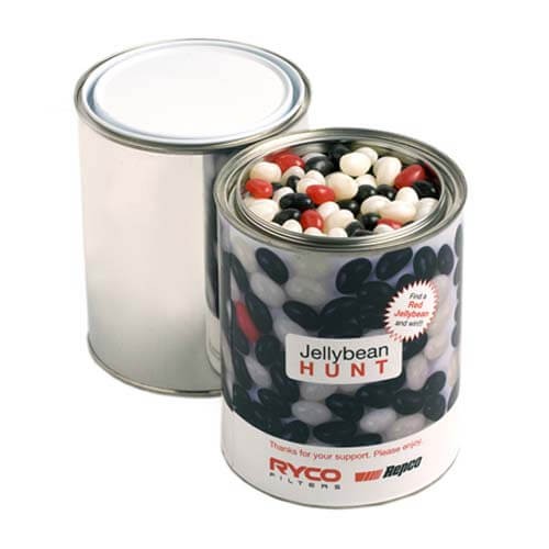 branded 1kg Jelly Beans Packed in Paint Tins, from our range of promotional Promotional Jelly Beans