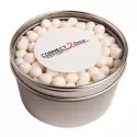 branded 150g Mints Packed in Small Round Window Tins, from our range of promotional Branded Mints
