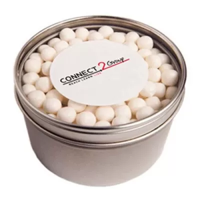 branded 150g Mints Packed in Small Round Window Tins, from our range of promotional Branded Mints