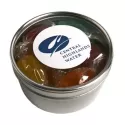 branded 12 Boiled Lollies Packed in Small Round Window Tins, from our range of promotional Humbugs &amp; Rock Candy