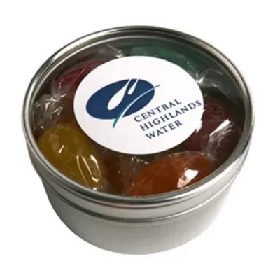 branded 12 Boiled Lollies Packed in Small Round Window Tins, from our range of promotional Humbugs & Rock Candy