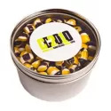 branded 100g Humbugs Packed in Small Round Window Tins, from our range of promotional Humbugs &amp; Rock Candy