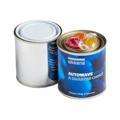 branded 130g Boiled Lollies Packed in Paint Tins, from our range of promotional Humbugs & Rock Candy