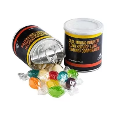 branded 130g Boiled Lollies Packed in Pull Cans, from our range of promotional Humbugs & Rock Candy
