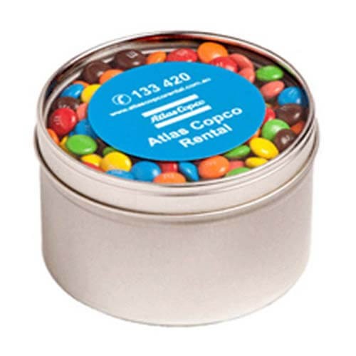 branded 140g M&amp;Ms Packed in Small Round Window Tins, from our range of promotional M&amp;M's