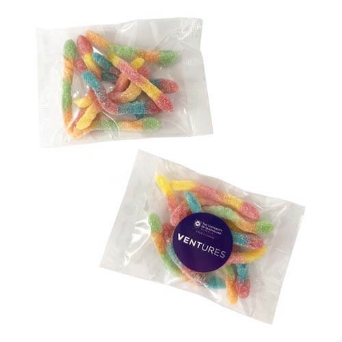branded 50g Sour Worms Bulk Pack Packed in Cello Bags, from our range of promotional Lollies & Sweets