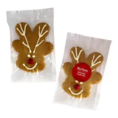 branded 50g Gingerbread Reindeer Cookie Packed in Cello Bags, from our range of promotional Biscuits & Cookies