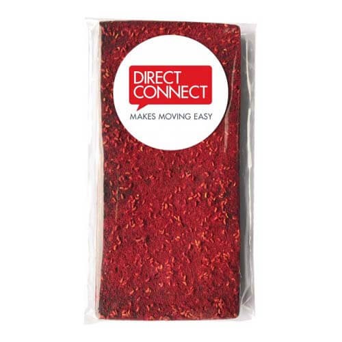 branded 100g Premium White Chocolate Freeze Dried Raspberries Bar Packed in Cello Bags, from our range of promotional Chocola...