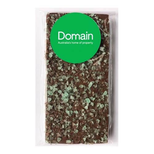 branded 100g Premium Milk Chocolate Peppermint Crystal Bar Packed in Cello Bags, from our range of promotional Chocolate Bars...