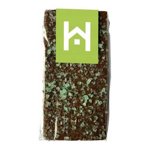branded 100g Premium Milk Chocolate Peppermint Crystal Bar Packed in Cello Bags, from our range of promotional Chocolate Bars...