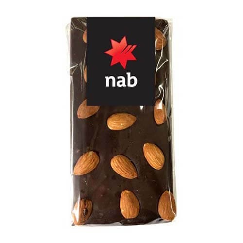 branded 100g Premium Dark Chocolate Almond Bar Packed in Cello Bags, from our range of promotional Chocolate Bars &amp; Boxes