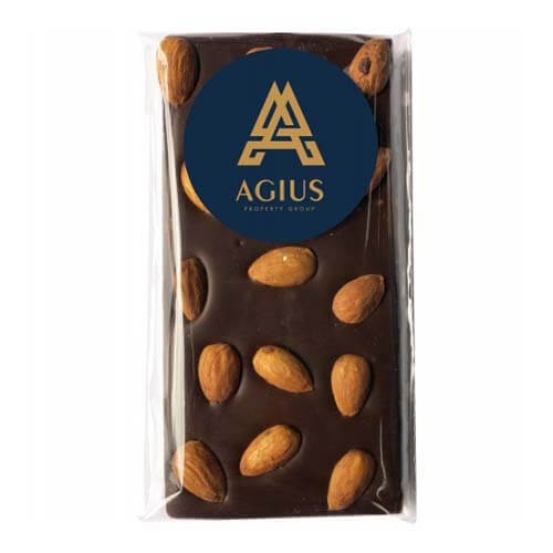 branded 100g Premium Dark Chocolate Almond Bar Packed in Cello Bags, from our range of promotional Chocolate Bars &amp; Boxes