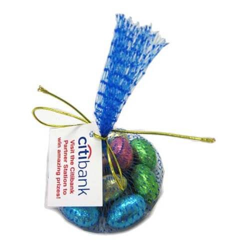 branded 10 Mini Chocolate Easter Eggs Packed in Mesh Bag, from our range of promotional Branded Chocolates