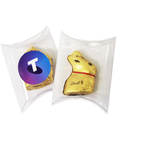 branded 10g Gold Lindt Bunny Packed in Pillow Packs, from our range of promotional Branded Chocolates