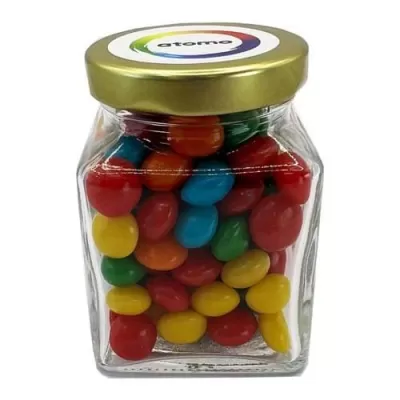 branded 100g Chewy Fruits Packed in Small Glass Square Jars, from our range of promotional Lollies & Sweets
