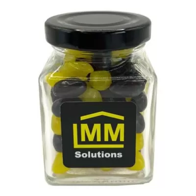 branded 100g Jelly Beans Packed in Small Glass Square Jars, from our range of promotional Promotional Jelly Beans