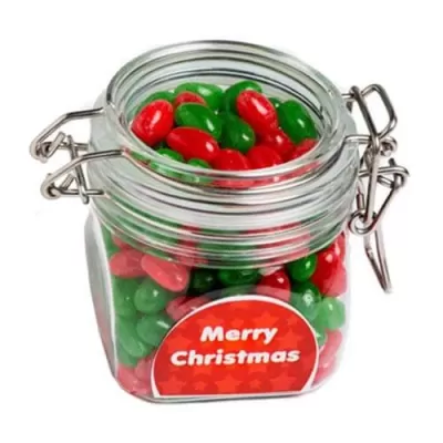 branded 130g Christmas Jelly Beans Packed in Glass Clip Lock Jars, from our range of promotional Promotional Jelly Beans