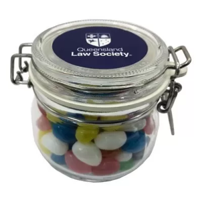 branded 130g Christmas Jelly Beans Packed in Glass Clip Lock Jars, from our range of promotional Promotional Jelly Beans