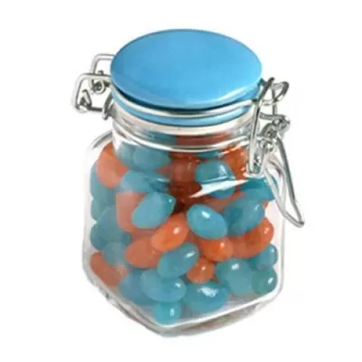 branded 80g Jelly Beans Packed in Glass Clip Lock Jars, from our range of promotional Promotional Jelly Beans