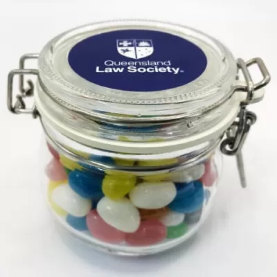 branded 130g Jelly Beans Packed in Small Clip Lock Jars, from our range of promotional Promotional Jelly Beans