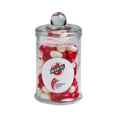 branded 115g Jelly Beans Packed in Small Apothecary Jars, from our range of promotional Promotional Jelly Beans