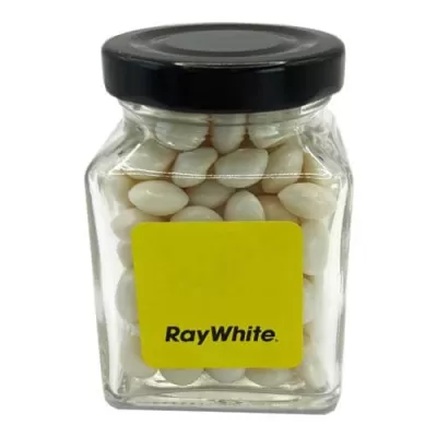 branded 100g Chewy Mints Packed in Small Glass Square Jars, from our range of promotional Branded Mints