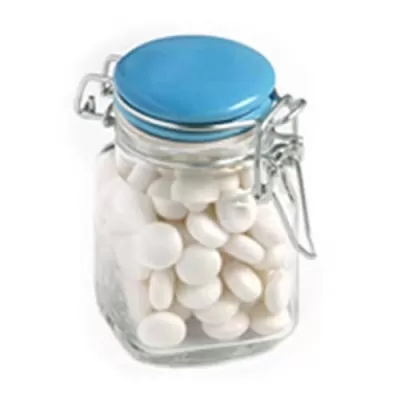 branded 80g Chewy Mints Packed in Glass Clip Lock Jars, from our range of promotional Branded Mints