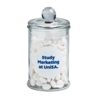 branded 115g Chewy Mints Packed in Small Apothecary Jars, from our range of promotional Branded Mints