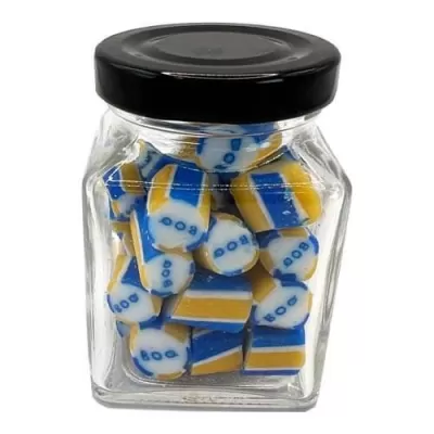 branded 70g Personalised Rock Candy Packed in Small Glass Square Jars, from our range of promotional Humbugs & Rock Candy