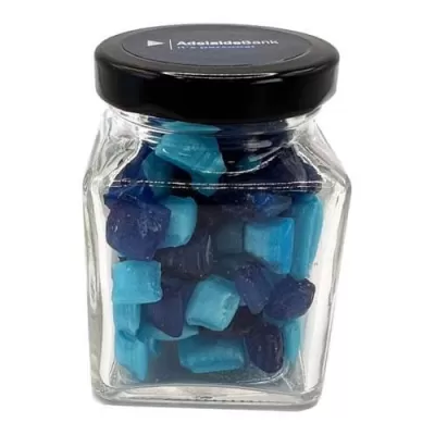 branded 90g Humbugs Packed in Small Glass Square Jars, from our range of promotional Humbugs & Rock Candy