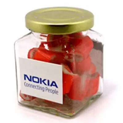 branded 135g Personalised Rock Candy Packed in Glass Square Jars, from our range of promotional Humbugs & Rock Candy
