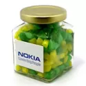 branded 140g Humbugs Packed in Glass Square Jars, from our range of promotional Humbugs &amp; Rock Candy