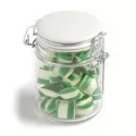 branded 160g Humbugs Packed in Glass Clip Lock Jars, from our range of promotional Humbugs &amp; Rock Candy
