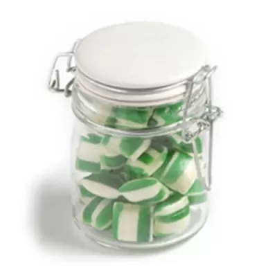 branded 160g Humbugs Packed in Glass Clip Lock Jars, from our range of promotional Humbugs & Rock Candy