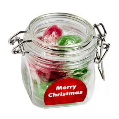 branded 100g Christmas Twist Wrapped Boiled Lollies Packed in Glass Clip Lock Jars, from our range of promotional Humbugs & R...
