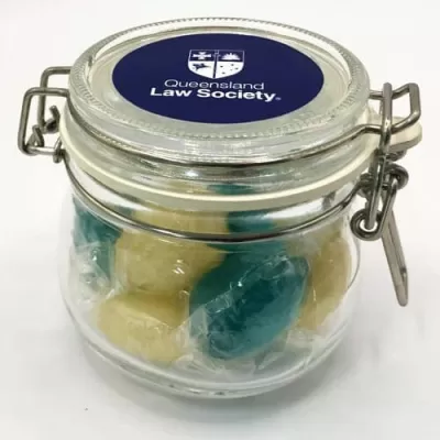 branded 100g Boiled Lollies Packed in Small Clip Lock Jars, from our range of promotional Humbugs & Rock Candy