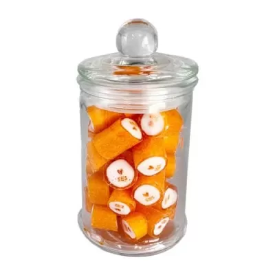 branded 100g Personalised Rock Candy Packed in Small Apothecary Jars, from our range of promotional Humbugs & Rock Candy