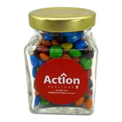 branded 100g M&Ms Packed in Small Glass Square Jars, from our range of promotional M&M's