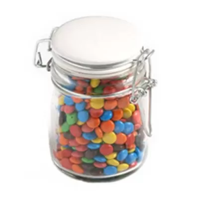 branded 160g M&Ms Packed in Glass Clip Lock Jars, from our range of promotional M&M's