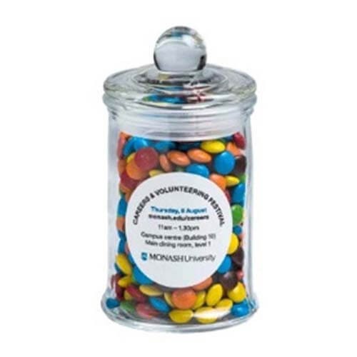 branded 115g M&amp;Ms Packed in Small Apothecary Jars, from our range of promotional M&amp;M's