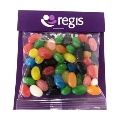 branded 50g Jelly Beans Packed in Headboard Sleeve, from our range of promotional Promotional Jelly Beans