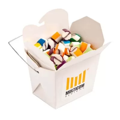 branded 100g Personalised Rock Candy Packed in White Cardboard Noodle Boxes, from our range of promotional Lollies & Sweets